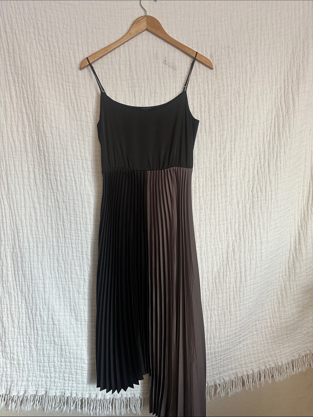 AllSaints Two-Tone Pleated Midi Dress - Black and Brown